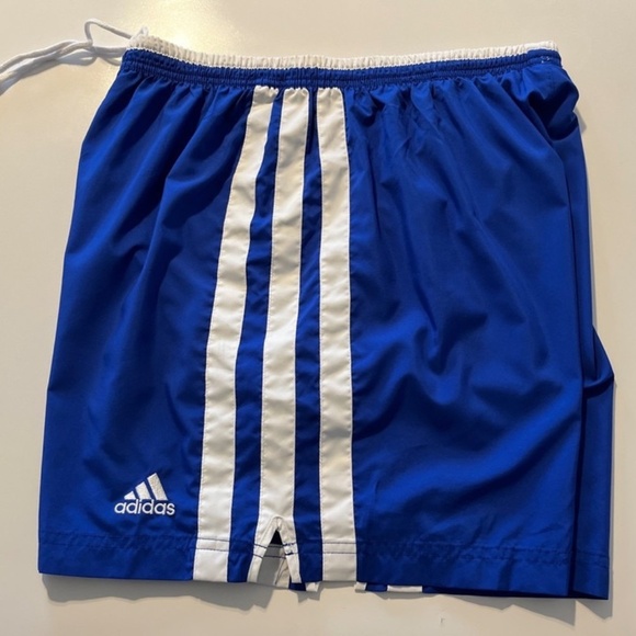 adidas VTG Men's Soccer Shorts Spell Out 3 Stripes Blue XL - Picture 1 of 12